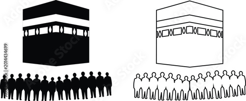 Bild auf Leinwand Kaaba and Muslim prayer crowd vector icon set collection group with Islamic pilg