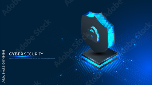 Cyber security shield protecting digital data and network privacy on a futuristic blue background. Vector illustration