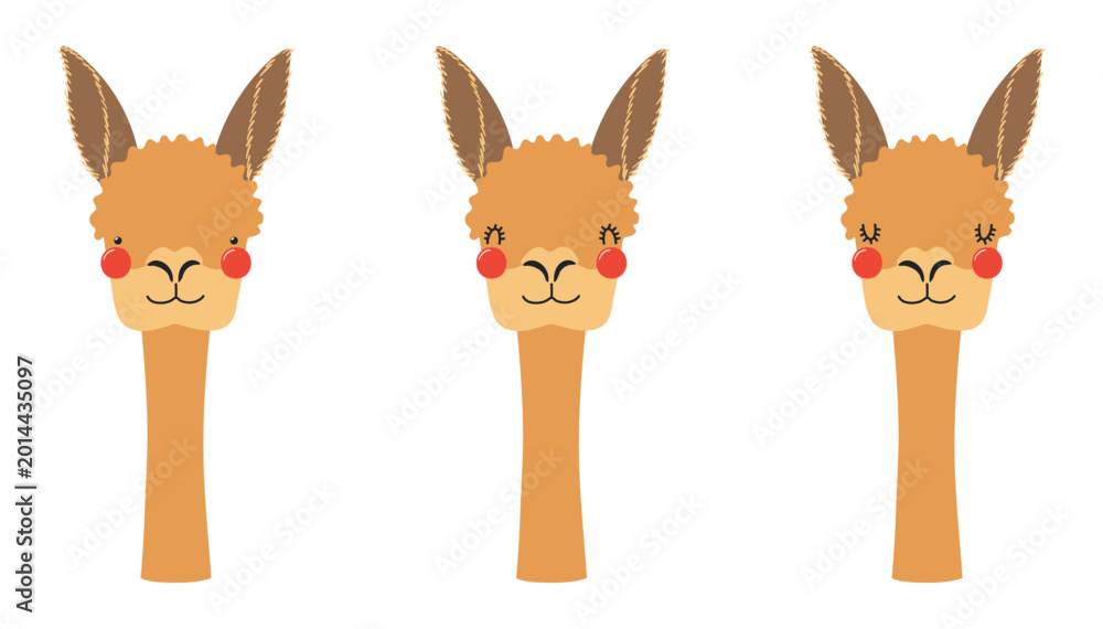 Naklejka premium Cute little vicuna face illustration isolated set. Kawaii cartoon character. Wild animal, baby animal, wildlife, nature, fauna. Kids print, design element, clip art collection. Hand drawn flat vector
