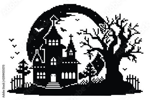 Photos Spooky Pixel Art Black and White Haunted Moon Night Silhouette Vector