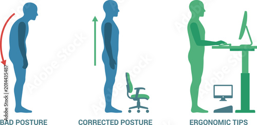 Tableau sur toile Vector illustration of ergonomic workspace showing comparison between bad slouch