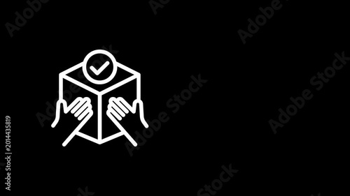 Animated delivery confirmation icon with hands holding a package and a checkmark