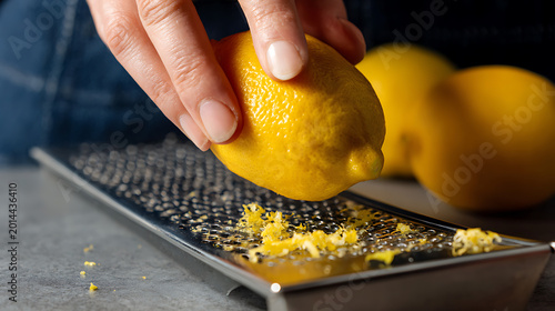 Close-up of a person's hand zesting a fresh yellow lemon with a metal grater, creating fine citrus zest on a dark, moody background for cooking preparation