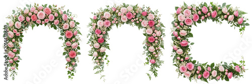 Lush Floral Archway with Pink Roses and Greenery Isolated on White Background - Romantic Wedding Decor, Event Entrance Mockup, and High-Resolution Botanical Design Assets