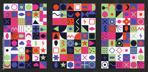 Canvas Print Dynamic abstract geometric pattern set with vivid neon shapes and elements moder