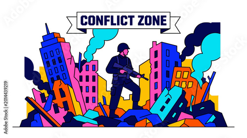 Foto Soldier in War-Torn Cityscape, Conflict Zone Illustration