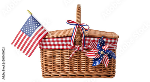 4th of july picnic basket with american flag isolated on transparent background