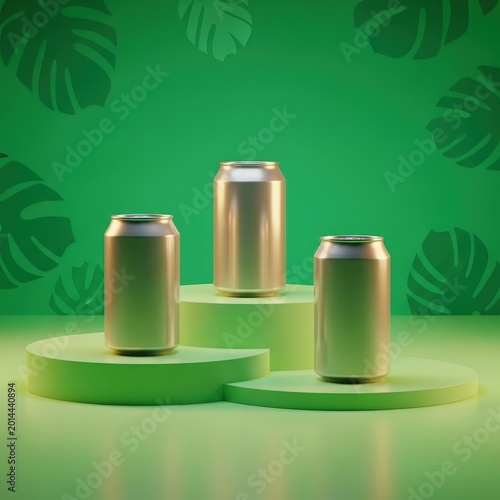Three metal beverage cans on green podiums with tropical leaf background