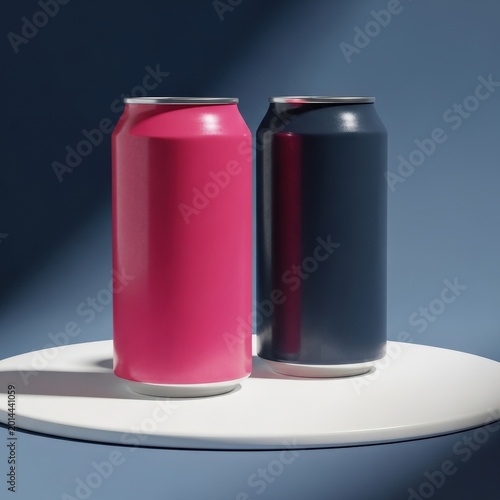Pink and black aluminum drink cans on a round table against a purple background