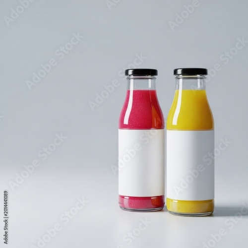 Two glass bottles with red and yellow juice and blank labels for branding