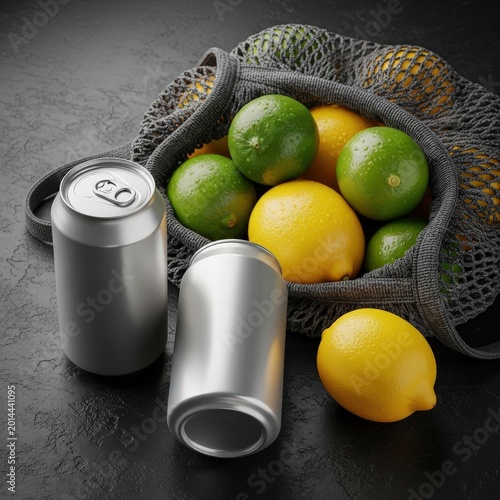 Two metal soda cans with fresh limes and lemons in a dark string bag