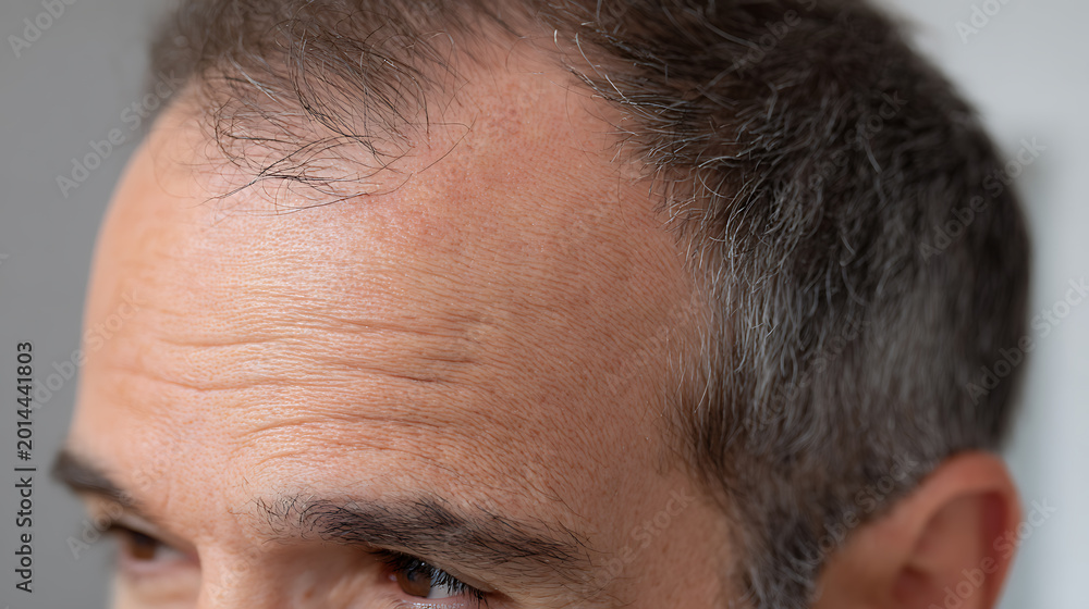 Obraz premium Close-up of a mature man's forehead and scalp with visible hair loss and receding hairline, showing skin texture and slight wrinkles