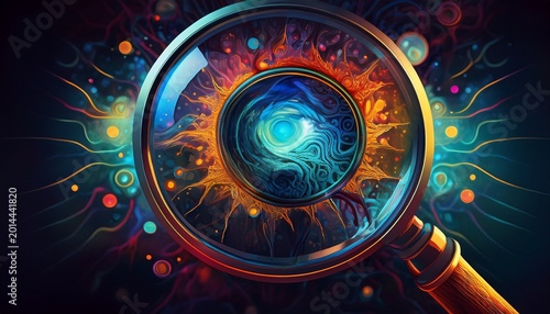 examining the vision with a magnifying glass on a dark background