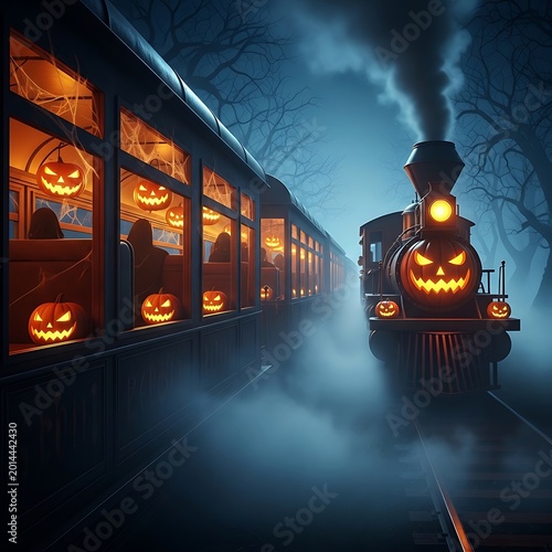 A spooky halloween train with glowing jack o lanterns traveling through a dark night forest with fog and steam coming from the old steam engine locomotive