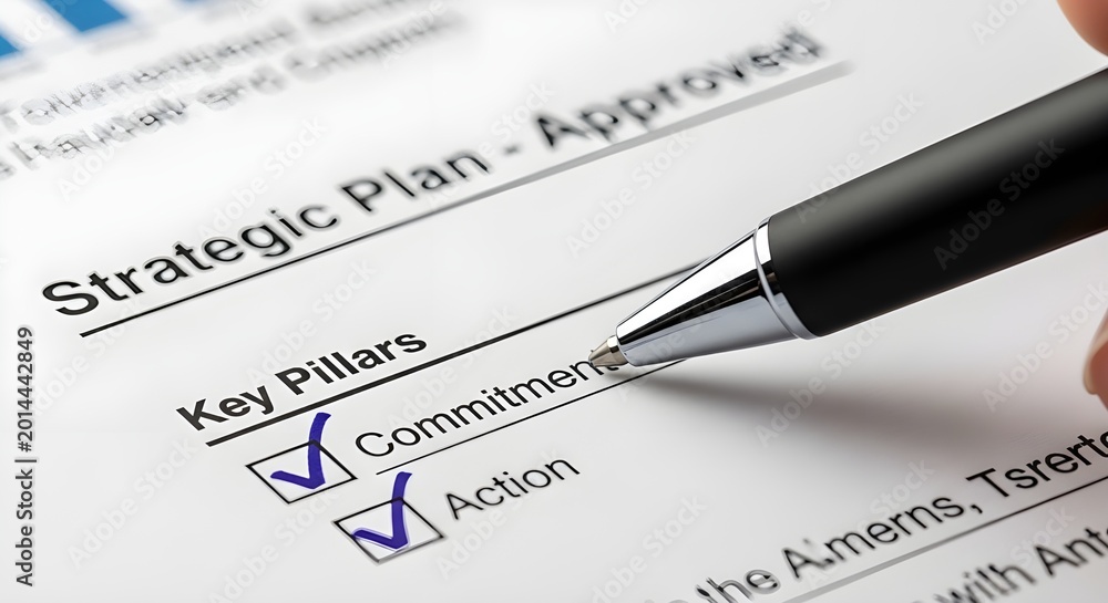 Obraz premium Hand holding pen over strategic plan document with checked boxes