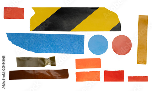 Colorful adhesive tape strips collection isolated white background. Assorted sticky paper masking pieces different colors textures creative design layout elements office supplies craft equipment