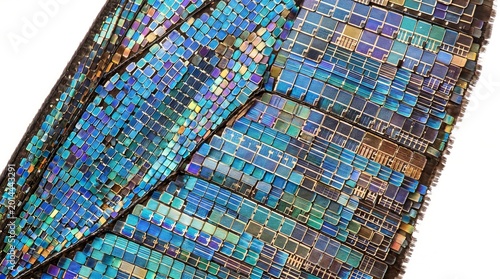 Abstract conceptual fusion of a colorful butterfly wing pattern with structured silicon microchip circuits on a white background