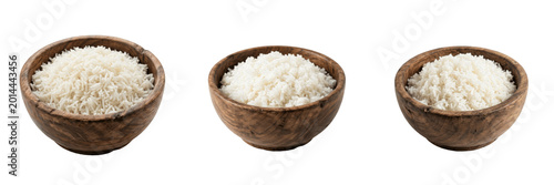 Cuadro en lienzo Set and collection of cooked white rice in brown wooden bowl isolated on white b