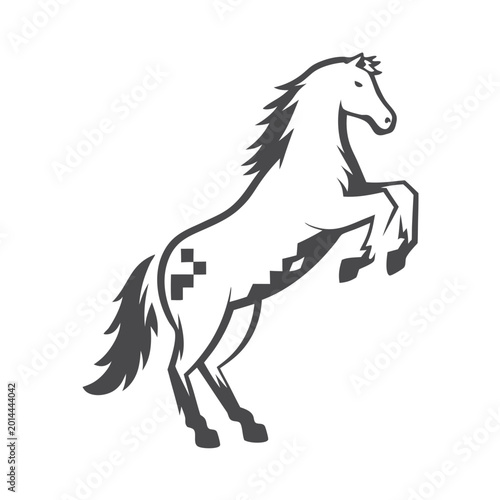 Black and White Pixel Art Rearing Horse Silhouette for Gaming and Equestrian Designs