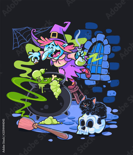 Halloween illustration witch with slime pot