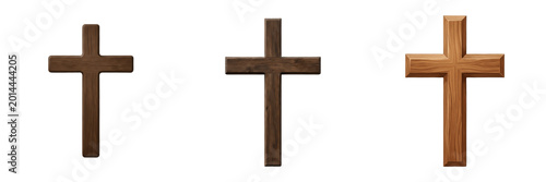Set and collection of simple wooden christian cross isolated on white background