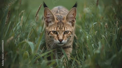 A serval cat stalking through tall grass, its large ears pricked forward to catch sound. Generative AI