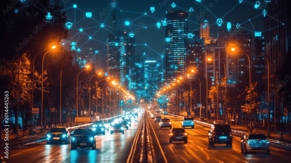 Obraz premium Smart streetlights adjusting based on IoT traffic data