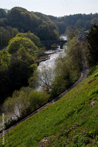 River Valley with Bridge and Path in Richmond, North Yorkshire, England