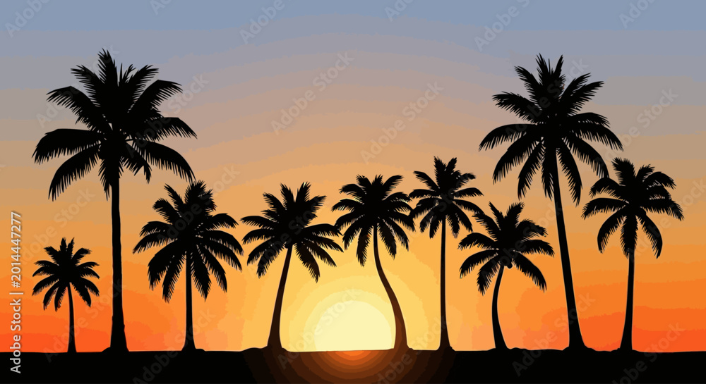 Obraz premium A serene sunset scene with silhouetted palm trees standing tall on a tropical beach at dusk.