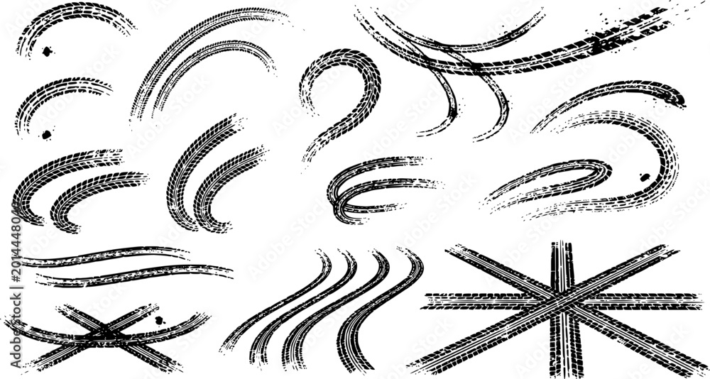 Fototapeta premium Tire tread marks after skidding, launch, drift, powerslide in motorsport, rally, off-road, motocross. Wheel texture with splash effect. Vector, transparent background EPS version.