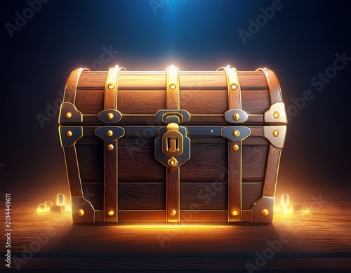 a wooden treasure chest illuminated by light against a dark background