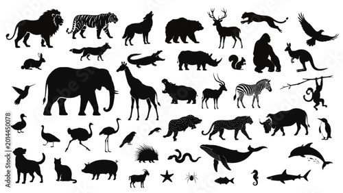 Photography A diverse collection of animal silhouettes featuring mammals, birds, reptiles, a