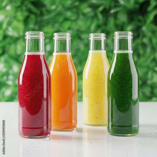 Four colorful glass bottles with fresh fruit juice standing on a wooden table