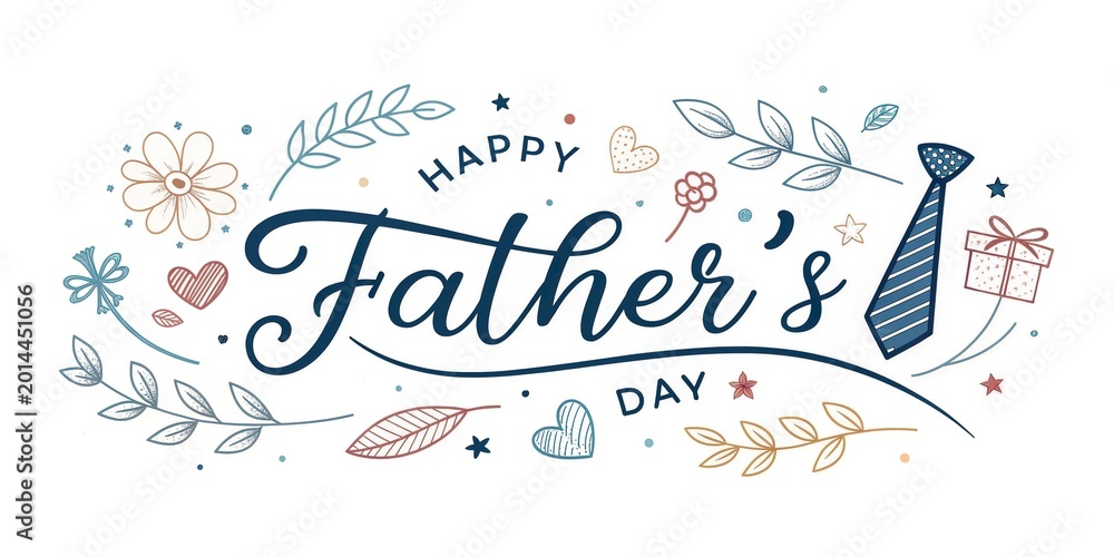 Obraz premium Happy fathers day greeting card with coffee cup glasses notebook pen and floral decorative elements