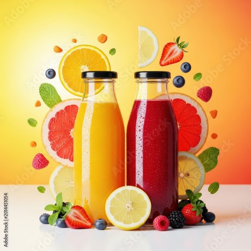Two glass bottles of fresh orange and berry juice with flying fruit slices