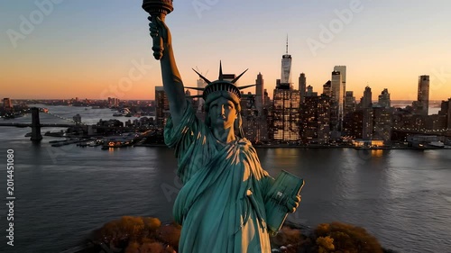 Statue of Liberty at sunset with Manhattan skyline and Brooklyn Bridge, cinematic aerial view for Memorial Day patriotic tributes and New York City travel marketing campaigns.