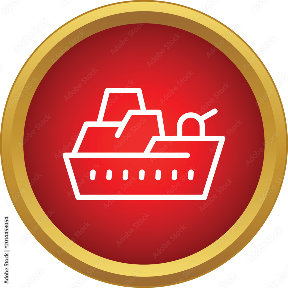 Naklejka premium Warship outline icon on a red round button with a gold border