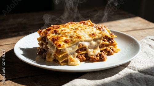 Obraz na plátně Delicious steaming hot meat lasagna with melted cheese served on a white plate o