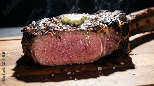 Obraz na płótnie Juicy Tomahawk Steak with Melting Butter and Sea Salt on a Wooden Board