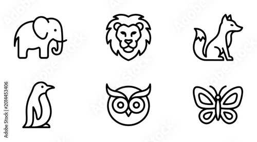 Photography Minimalist Animal Icons Set, Simple Line Art Wildlife Graphics, Cute Mammal and