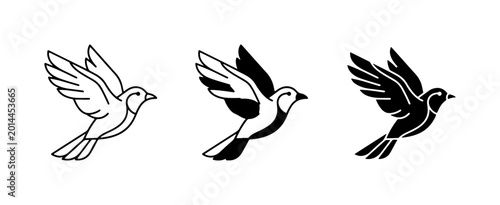 Obraz na płótnie Three stylized vector illustrations of flying birds, including outline, silhouet