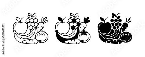 Fresh Produce Icons, Fruit and Vegetable Graphics, Healthy Food Vector Collection, Simple Line Art and Silhouette Styles