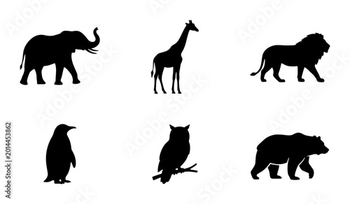 Schilderij op canvas African Elephant, Giraffe, Lion, Penguin, Owl, Bear Silhouettes