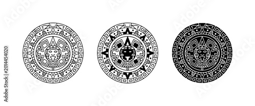 Konstfotografi Aztec Sun Stone Vector Icons, Mesoamerican Calendar Symbols, Ancient Civilizatio