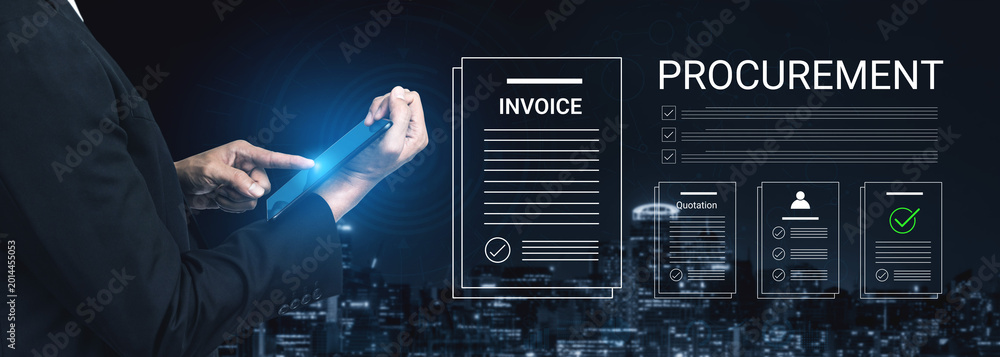 Naklejka premium Business Professional Using Digital Tablet for Procurement Management with Documents and Cityscape Background at Night Cyphers