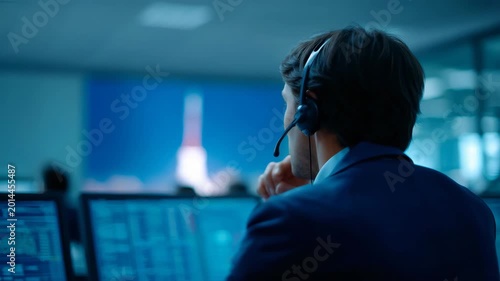 Mission control operator monitoring rocket launch from computer screens, aerospace command center with headset specialist, blue digital maps