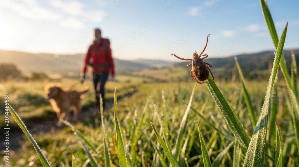 Fototapeta premium Encephalitis tick on grass blade with blurred hiker and dog in background