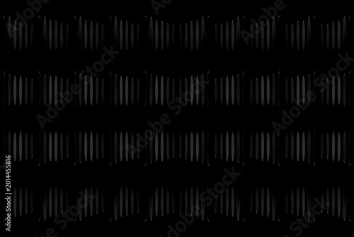 Abstract black pattern with repeating vertical metallic shapes on dark