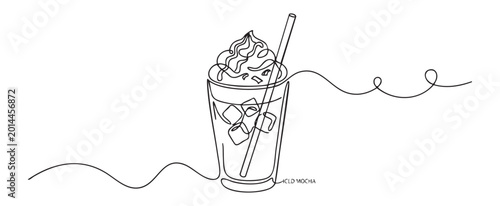 Single line art illustration of an iced mocha with cream and ice cubes, minimalist vector design on transparent background for summer drink menu concept