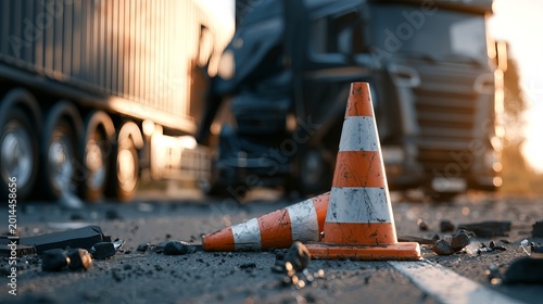 Damaged Traffic Cone on Road with Semi Truck Accident in Background for Roadwork Safety Concepts